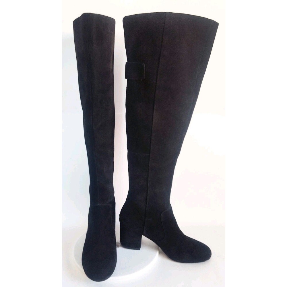 Nine West Knee‎ High Boots Size 7.5 Black Suede Leather Block Heel Zip Riding - Picture 10 of 16